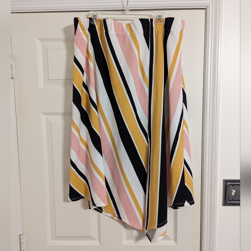 Cato yellow, pink black striped Maxi skirt handkerchief hem size 26/28